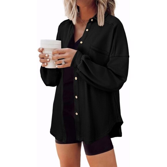 Tops - Women's Knit Loose Long Sleeve Black Fashion Button Down Shirt Jacket Tops